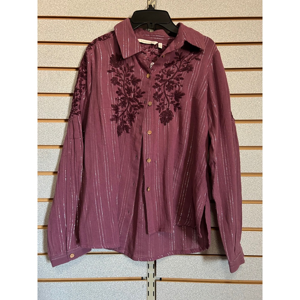 Soft Surroundings Plum Purple Embroidered Metallic Stripe Blouse Petite Small PS